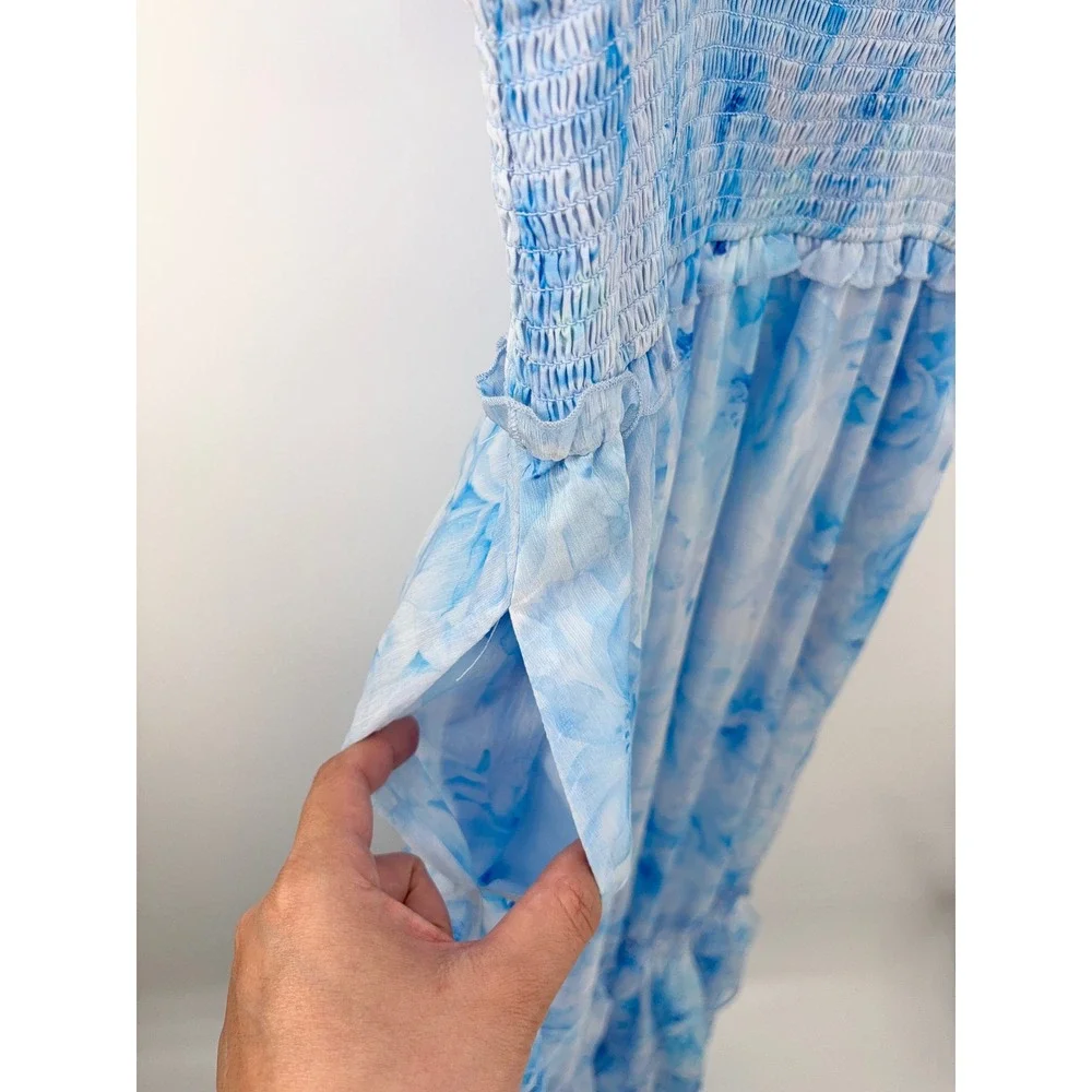 B26 Petal & Pup Fionna Floral Maxi Dress L Blue Flowy Summer Wedding Guest - Picture 10 of 12